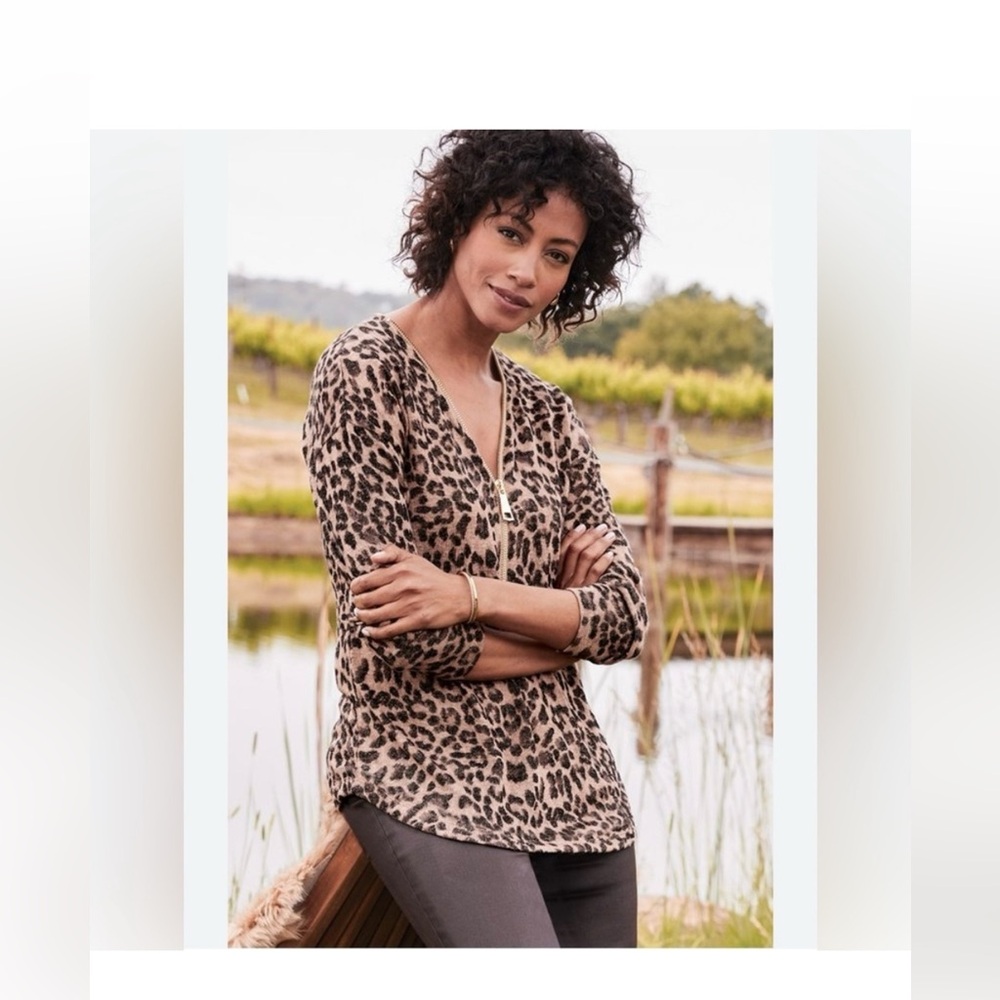 Soft Surroundings Valentina Zip Leopard top, Women's Size M - Brown